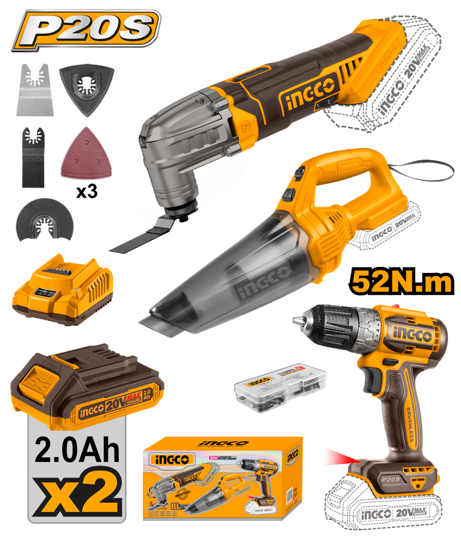 COMBO TALADRO ATORNILLADOR 10MM 52NM 20V P20S BRUSHLESS HERRAMIENTA