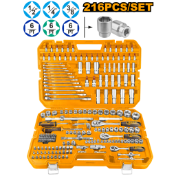 JUEGO DE DADOS, PUNTAS Y LLAVES 216PCS 1/4"-1/2"-3/8" - HKTHP22161